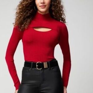 Red Ribbed Long Sleeve Blouse